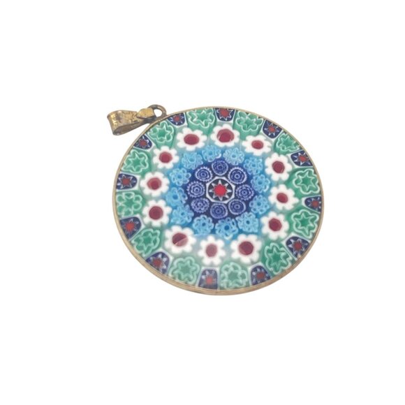 Millefiori Round Pendant Necklace With Intricate Floral Mosaic Design - Picture 8 of 8